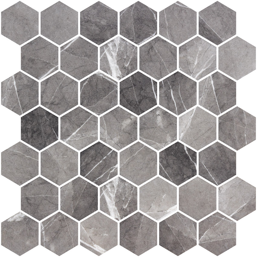 Hexagon XL glasmozaiek marmerlook grijs mat 5 5 cm op matje per 0,49 m2 bestellen - TEGELinfo