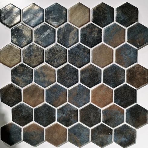     Hexagon XL glasmozaiek koperblauw glanzend 5 x 5 cm op matje per 0,49 m2
