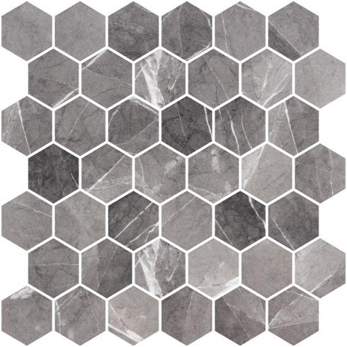     Hexagon XL glasmozaiek antislip marmerlook grijs gemêleerd mat 5 x 5 cm op matje per 0,49 m2
