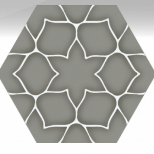 
    6 hoek tegel lotus in lichtgrijs antraciet met wit lijnenspel keramische hexagon

