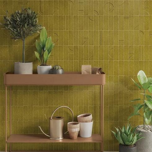     Bejmat look glanzend craquelé oker groen 5 x 15 cm wandtegel per 0,53 m2
