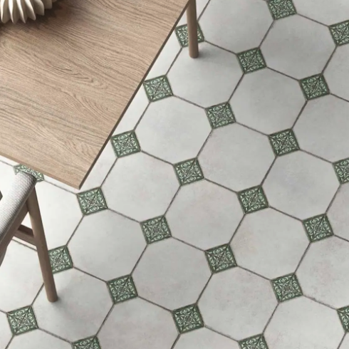     Octagon wit met groen decor 4 op 1 tegel 33 x 33 cm per m2
