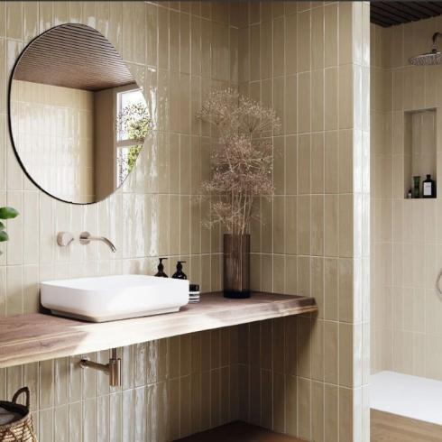     City half tile koffiecreme visgraat tegel 7,5x30 cm handgevormd
