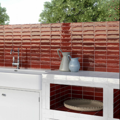     Bejmat look Fez Old glanzend bordeaux rode 5x15cm wand- en vloertegel per 0,45m2
