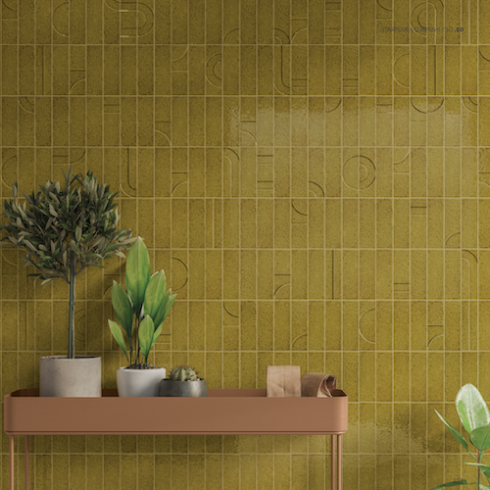     Bejmat look glanzend decor craquelé oker groen 5 x 15 cm wandtegel per 0,53 m2
