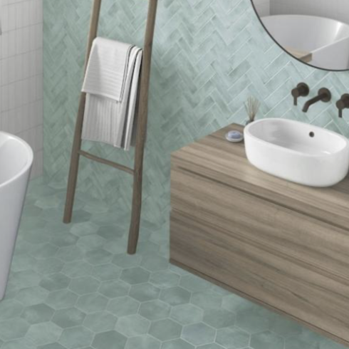     Hexagon Suez mat lichtblauw tegel 14 x 16 cm vloer- en wandtegel per 0,44m2 
