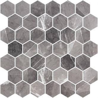     Hexagon XL glasmozaiek antislip marmerlook grijs gemêleerd mat 5 x 5 cm op matje per 0,49 m2