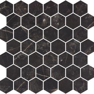     Hexagon XL glasmozaiek antislip marmerlook zwart gemêleerd mat 5 x 5 cm op matje per 0,49 m2