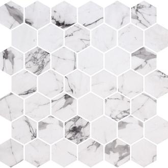     Hexagon XL glasmozaiek antislip marmerlook wit met zwarte aders mat 5 x 5 cm op matje per 0,49 m2
