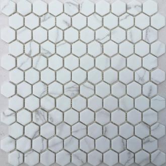     hexagon matte wit grijze venato marmerlook mozaïek 2,7 x 3 cm op matje per 0,53 m2