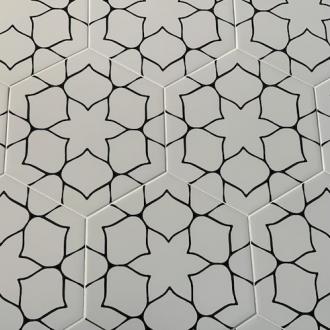 
    6 hoek tegel lotus in wit met zwart lijnenspel keramische hexagon

