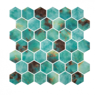     Hexagon XL glasmozaiek turquoise groen bruin glanzend 5 x 5 cm op matje per 0,49 m2
