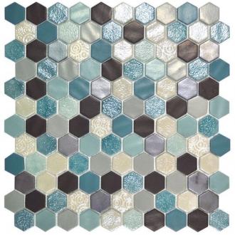     hexagon turquoise mix mozaïek 2,7 x 3 cm op matje per m2
