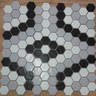     hexagon zwart wit grijs patroon glas mozaïek 2,7 x 3 cm op matje per m2 SALE