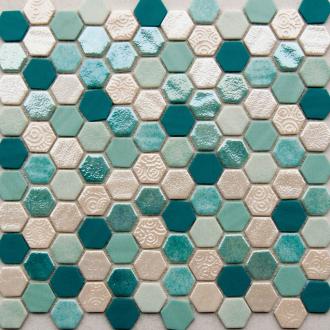 hexagon zeegroen mix mozaïek 2,7 x 3 cm op matje per m2